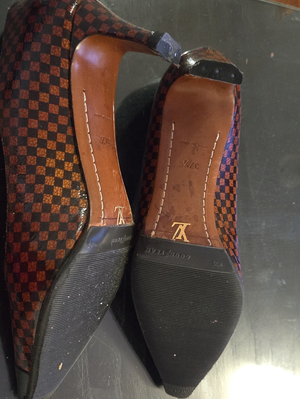 Louis Vuitton Brown Damier Pointed-Toe Pumps with Dark Cap - Picture 2 of 6